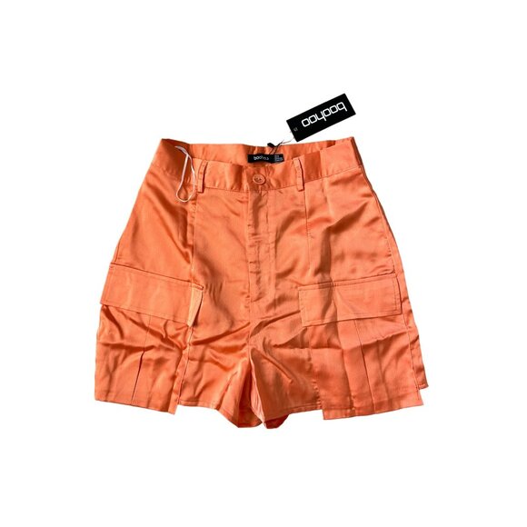 BOOHOO Orange Tall High Waist Satin Cargo Shorts Size 4 NEW - Picture 1 of 6